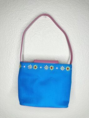 Ralph Shoulder Bag Womens Small Blue Canvas Pink Leather Floral Embroidery